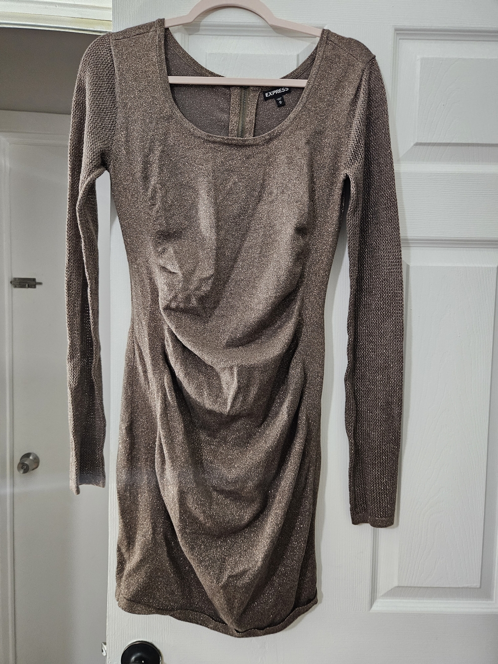 Express Long Sleeve Metallic Taupe Sheath Dress